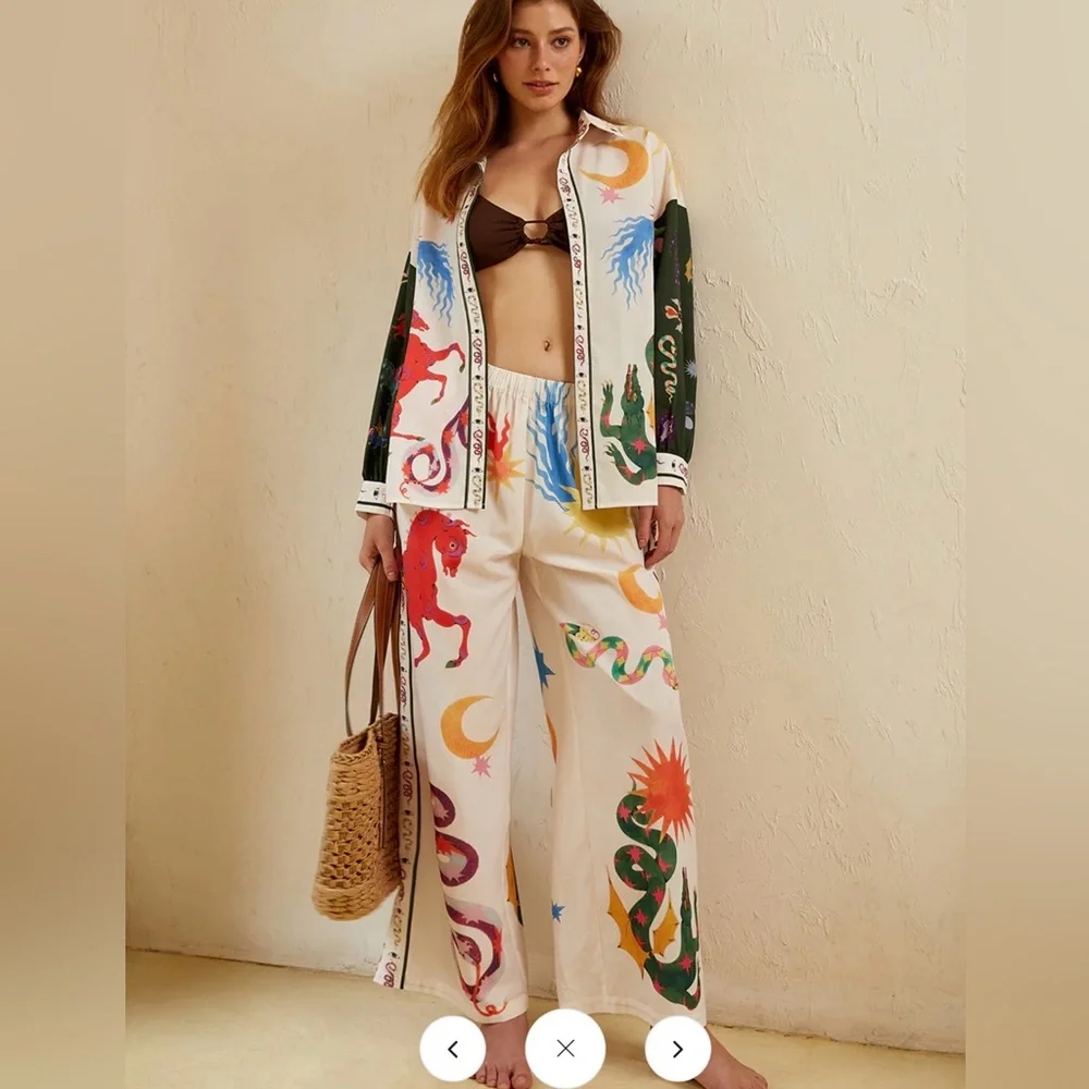 Commense Celestial Zodiac Print Two Piece Set Shirt & Wide Leg Pants XS - Picture 5 of 13